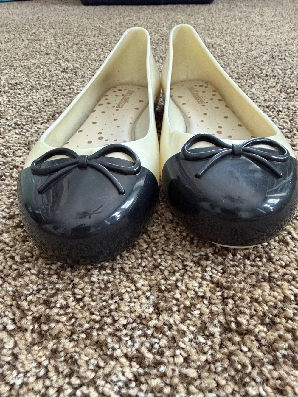 Mini Melissa Ivory Ballet Flats with Black Cap Toe and Bow